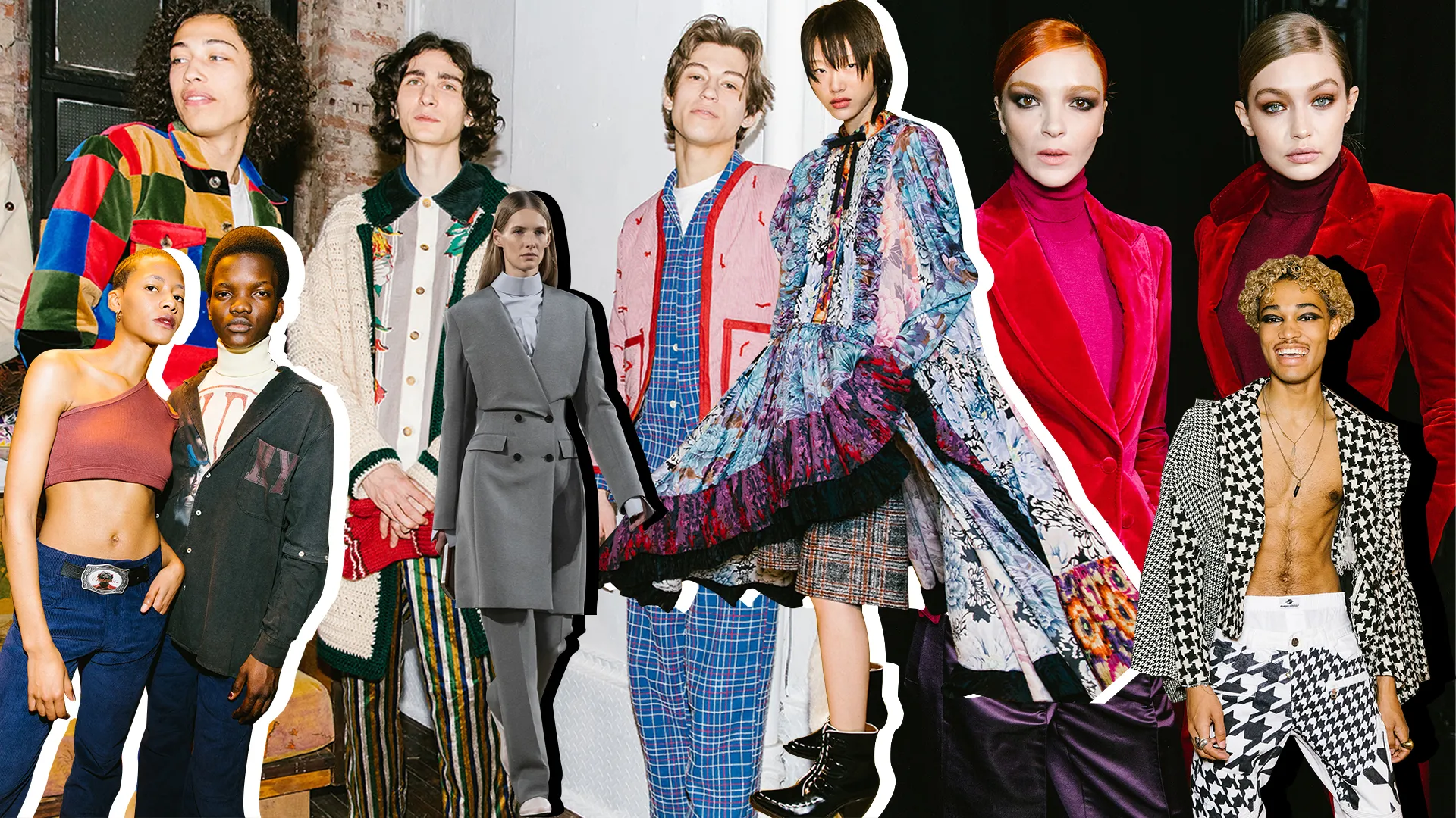 Models showcase eclectic, bold fashion with vibrant patterns and dramatic silhouettes.